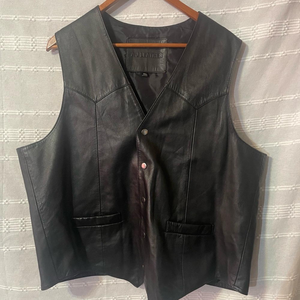 AJ Leather Black Genuine Leather Western Snap Vest